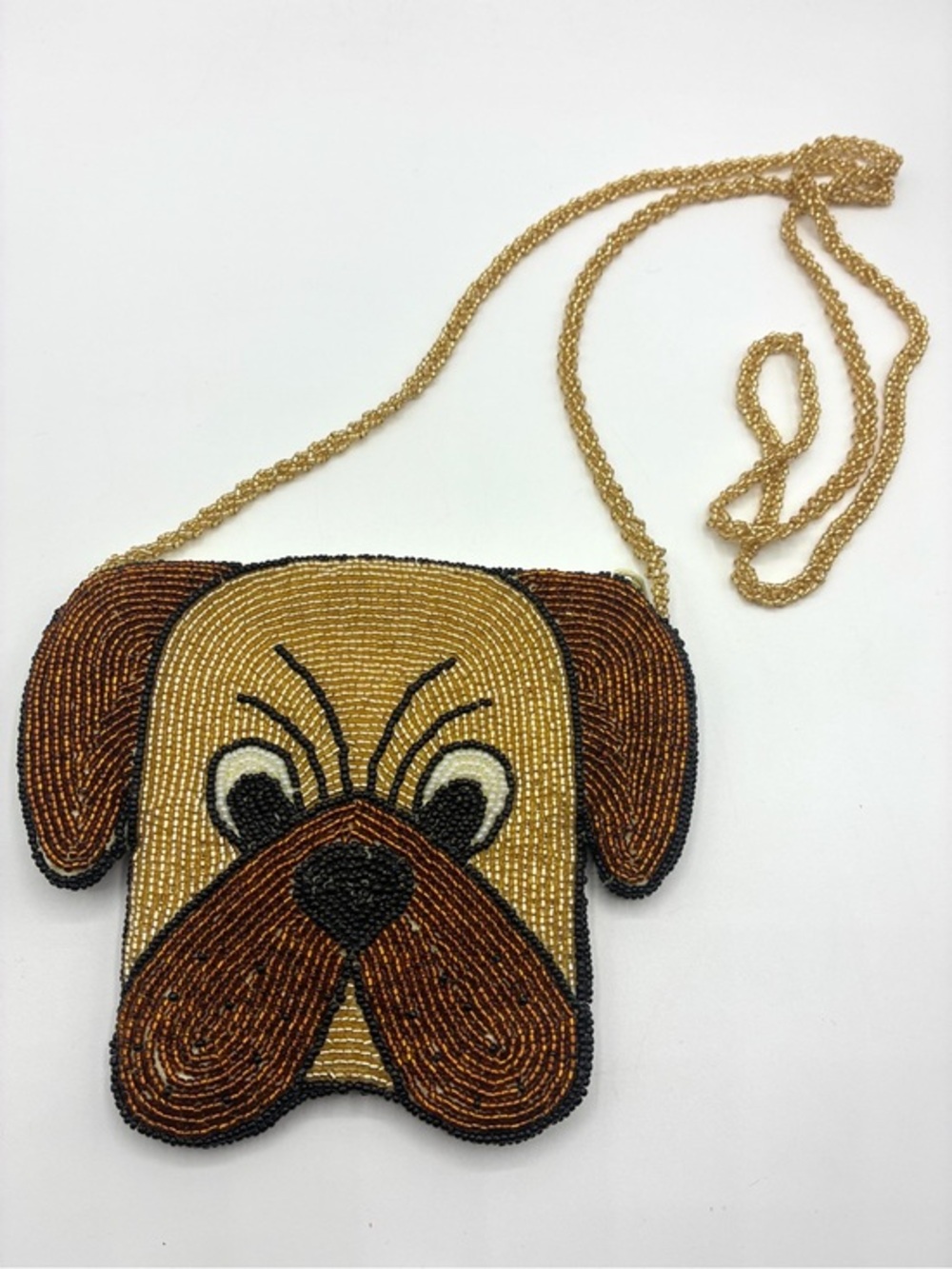 Beaded Dog Face Crossbody Purse Gold Brown Black Novelty Bag